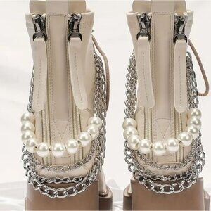 Women's Boot Chain Anklet Set – Silver Metal & Pearl Charm Shoe Jewelry Set of 2